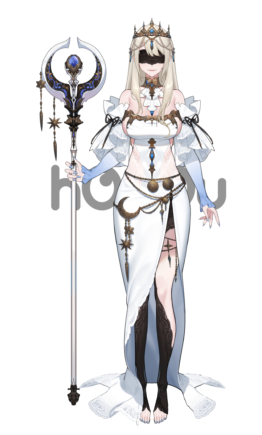 1girl, absurdres, artist_request, ascot, bare_shoulders, belly_chain, black_boots, blindfold