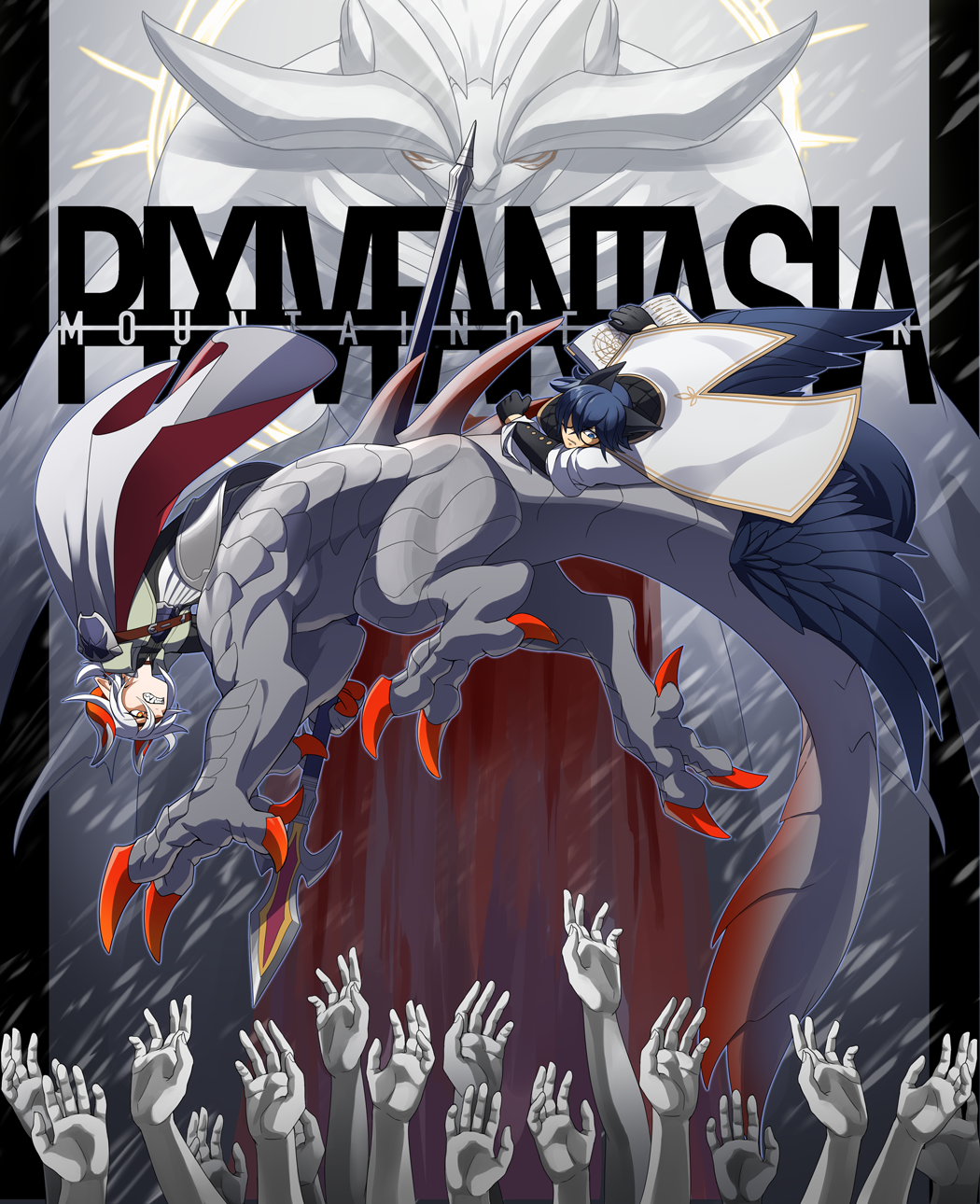 2boys, animal_ears, animal_hands, armor, black_gloves, blue_eyes, blue_hair, blue_wings