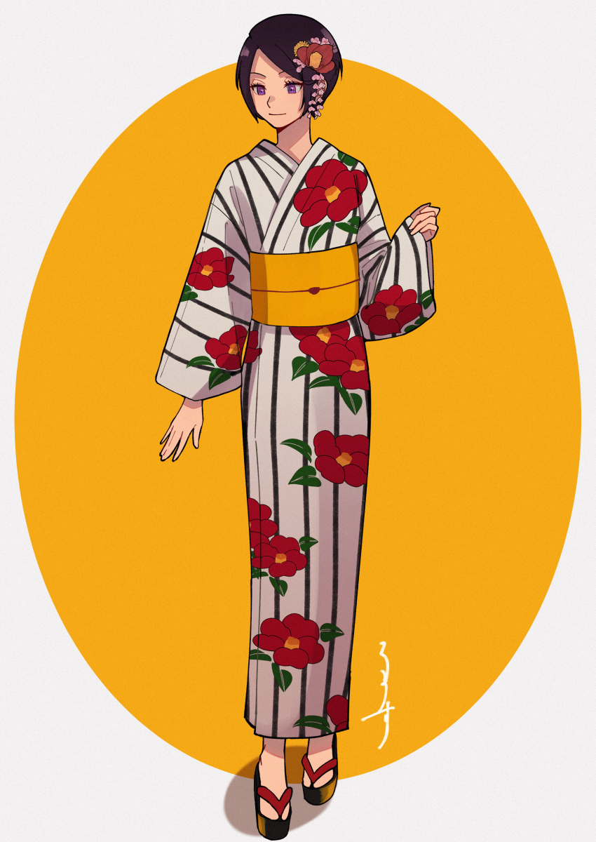 1girl, absurdres, arm_at_side, black_hair, closed_mouth, floral_print, full_body, geta