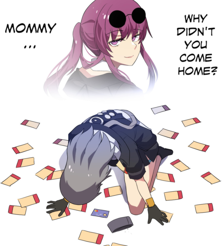 2girls, absurdres, black_coat, black_footwear, black_gloves, coat, commentary, credit_card