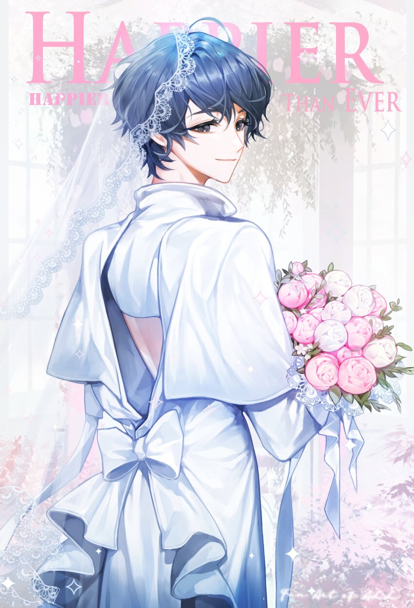 1boy, absurdres, black_eyes, blue_hair, bouquet, bridal_veil, closed_mouth, crossdressing
