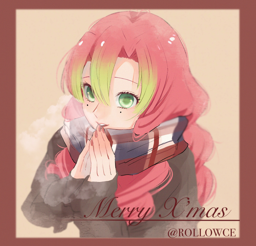 1girl, blurry, border, breath, brown_background, contemporary, depth_of_field, eyelashes, green_eyes, green_hair, grey_sweater, hair_between_eyes, hands_up, highres, kanroji_mitsuri, kimetsu_no_yaiba, lipstick, long_hair, long_sleeves, looking_at_viewer, lowce_oniku, makeup, mole, mole_under_each_eye, mole_under_eye, multiple_moles, nail_polish, own_hands_together, parted_lips, pink_hair, plaid_clothes, plaid_scarf, red_border, red_nails, scarf, simple_background, sleeves_past_wrists, smile, solo, sweater, tri_braids, twitter_username, upper_body, warming_hands, winter_clothes