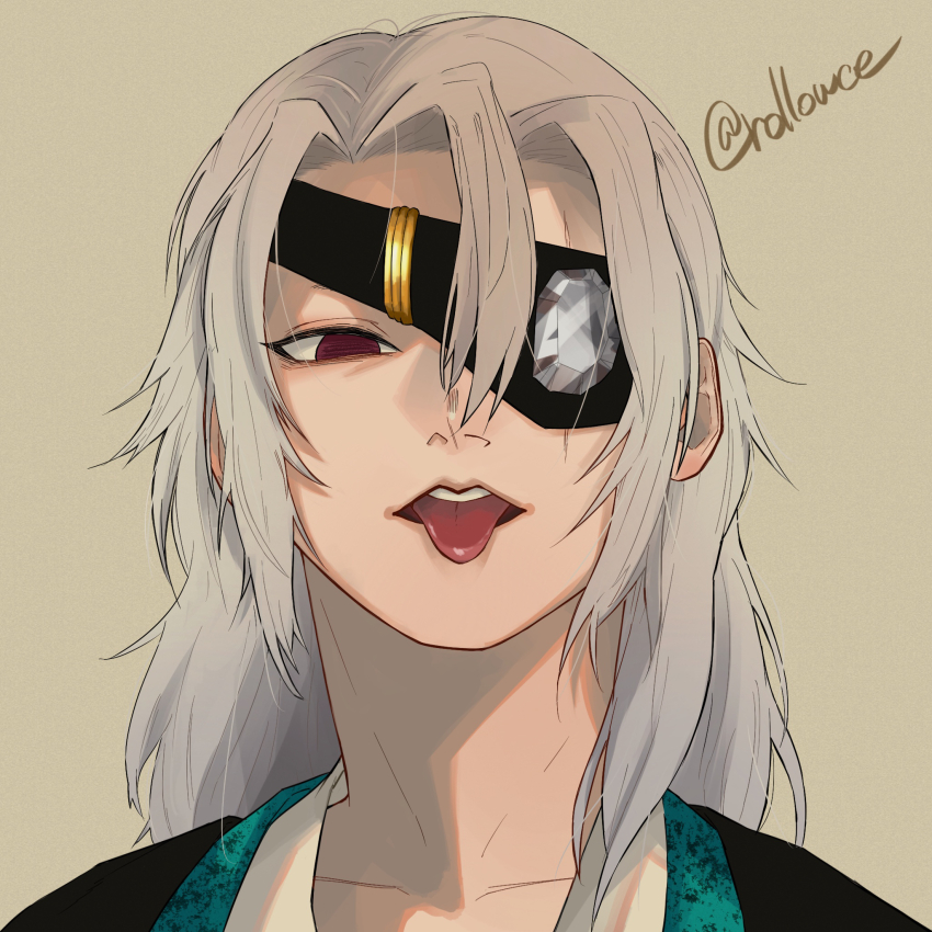 1boy, :p, brown_background, crystal, eyepatch, grey_hair, hair_between_eyes, hair_down