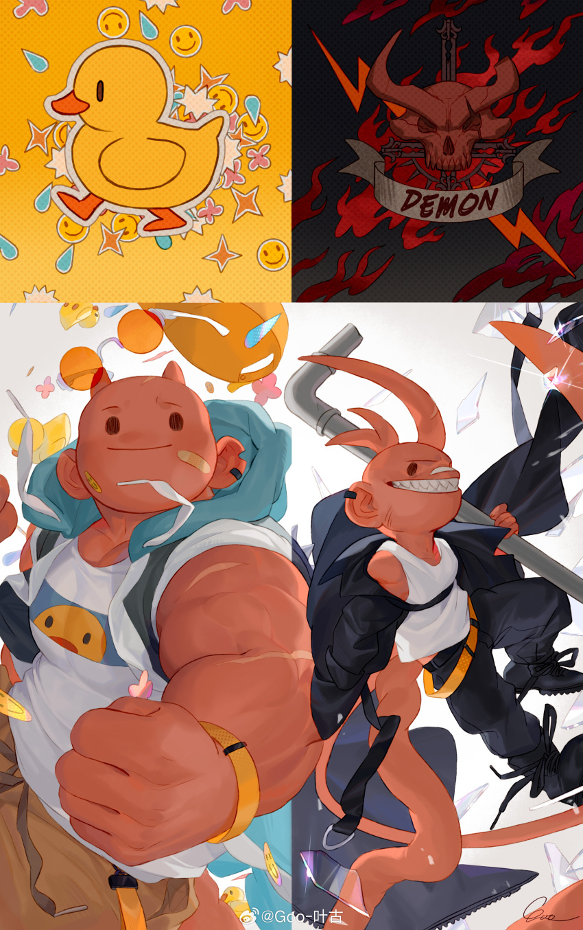 2boys, absurdres, asymmetrical_horns, bald, bandaid, bandaid_on_cheek, bandaid_on_face, bara