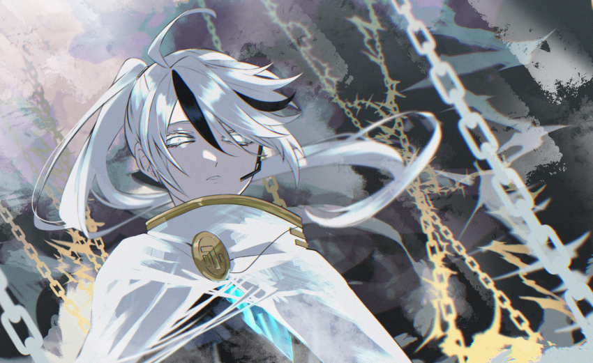 1boy, ahoge, badge, cape, chain, commentary_request, earpiece, gold_trim