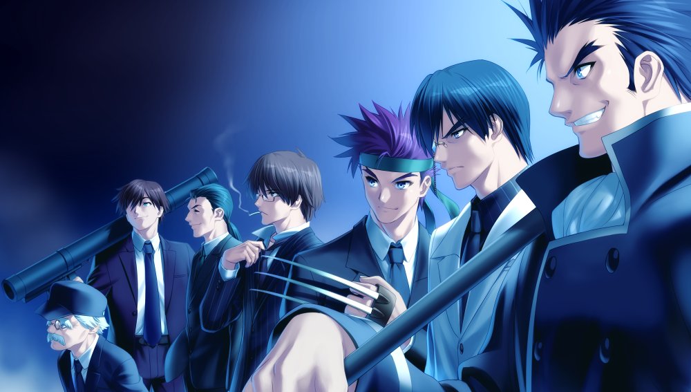 6+boys, black_hair, black_necktie, black_shirt, black_suit, blue_background, blush, cigarette