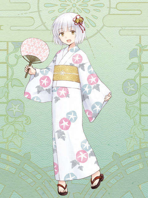 1girl, :d, ao-nori, bell, brown_eyes, dairoku_ryouhei, floral_print, full_body, green_background, hair_bell, hair_ornament, hand_fan, japanese_clothes, jingle_bell, kimono, looking_at_viewer, obi, open_mouth, sagiri_suzunone, sandals, sash, smile, solo, standing, white_hair, white_kimono, wide_sleeves, zouri