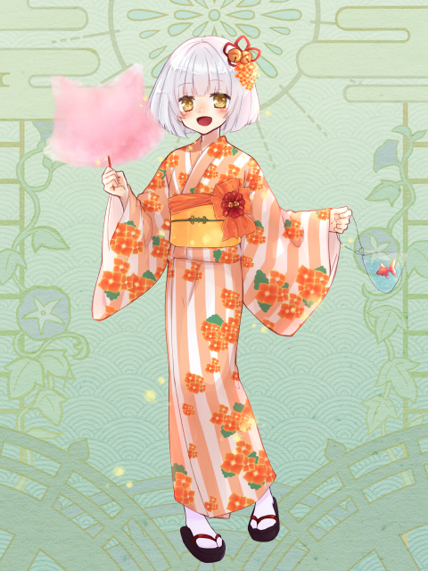 1girl, bag, bagged_fish, bell, blush, cotton_candy, dairoku_ryouhei, fish