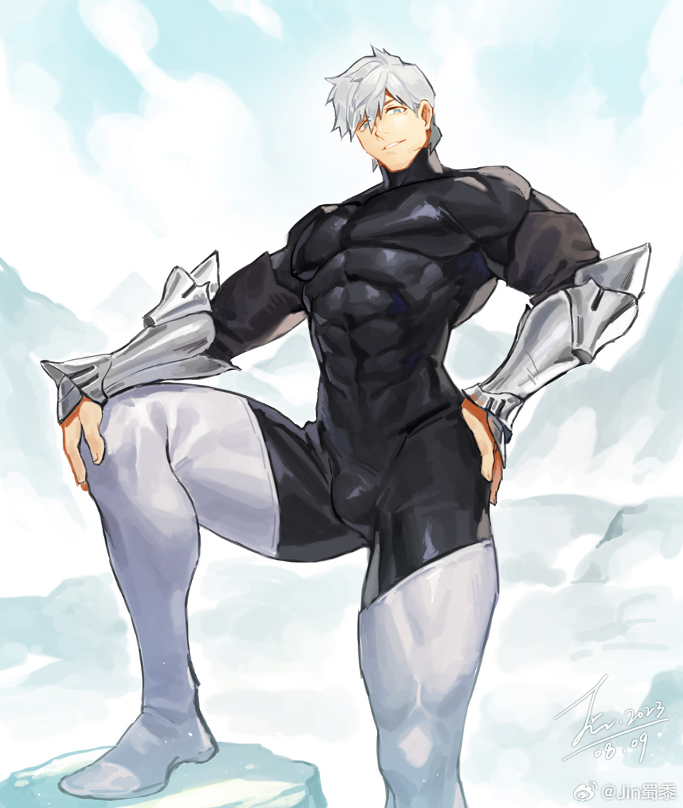 1boy, bara, black_bodysuit, blue_eyes, bodysuit, covered_abs, fate/grand_order, fate_(series), foot_out_of_frame, hair_between_eyes, hand_on_own_hip, jin_(sirius-j), large_pectorals, leg_up, legs_apart, looking_at_viewer, male_focus, muscular, muscular_male, pectorals, percival_(fate), short_hair, skin_tight, solo, strongman_waist, thick_thighs, thighhighs, thighs, white_hair, white_thighhighs