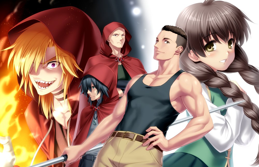 1girl, 4boys, black_background, black_choker, black_hair, blonde_hair, blush, braid