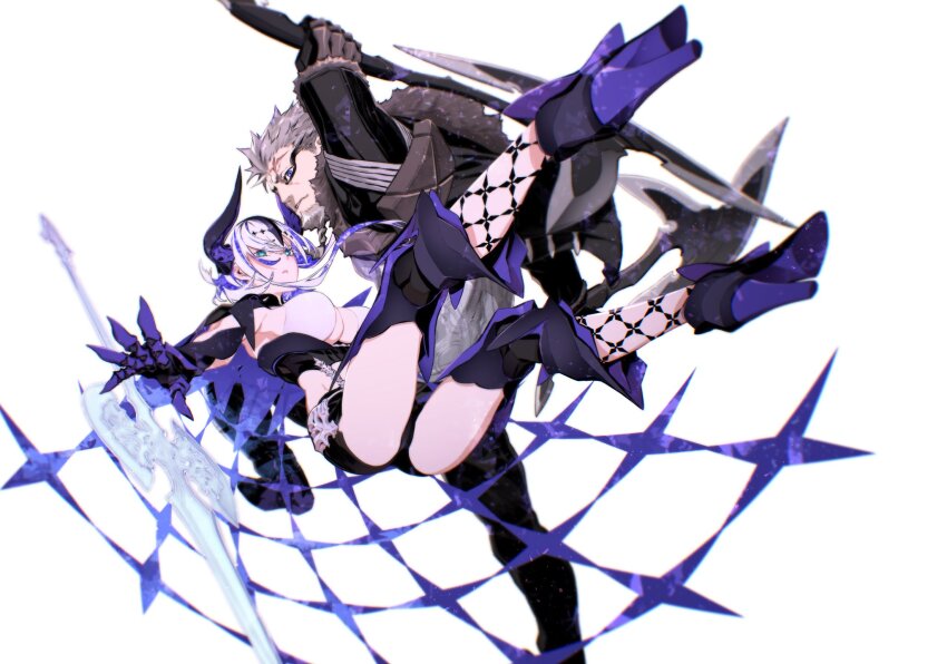 1boy, 1girl, aslaug_(fate), ass, aunt_and_niece, black_footwear, black_horns, blue_eyes