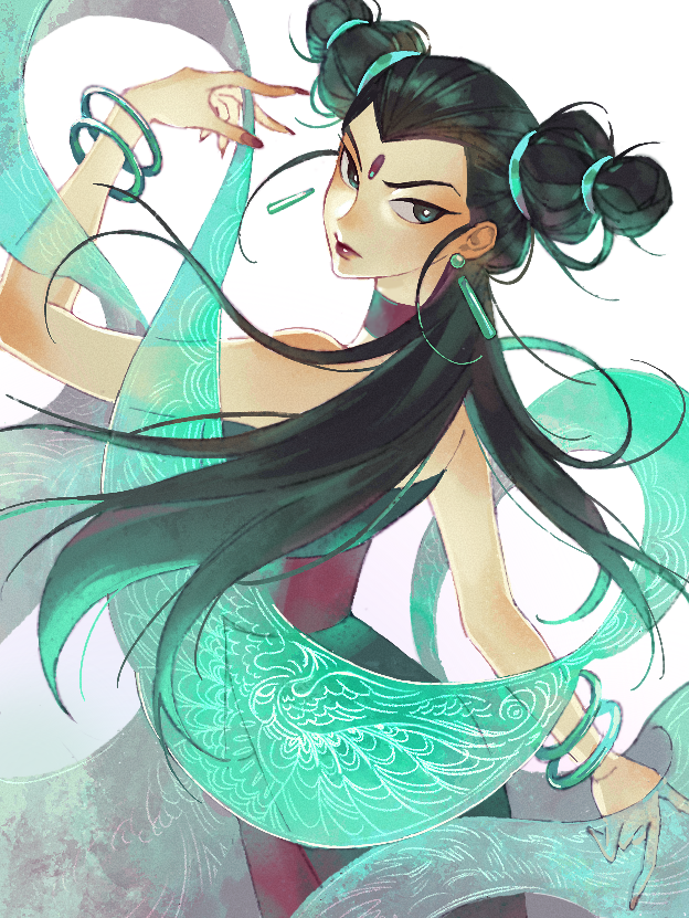 1girl, bangle, bare_shoulders, bixiao_niangniang_(mythology), black_hair, bracelet, character_request, check_character