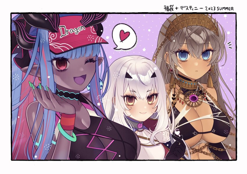 3girls, bikini, black_bikini, blue_eyes, blue_hair, blush, bracelet, breasts, chain, cleavage, colored_skin, dragon_girl, earrings, english_text, fate/grand_order, fate_(series), gem, gold_chain, grey_hair, hair_between_eyes, happy, hat, heart, highres, horns, huge_breasts, ibuki_douji_(fate), ibuki_douji_(swimsuit_berserker)_(fate), ibuki_douji_(swimsuit_berserker)_(first_ascension)_(fate), jewelry, large_breasts, long_hair, melusine_(fate), melusine_(second_ascension)_(fate), monster_girl, multicolored_hair, multiple_girls, nail_polish, noa_pisces, open_mouth, pink_hair, pointy_ears, purple_skin, red_eyes, smile, swimsuit, tan, tiara, white_hair, zenobia_(fate)