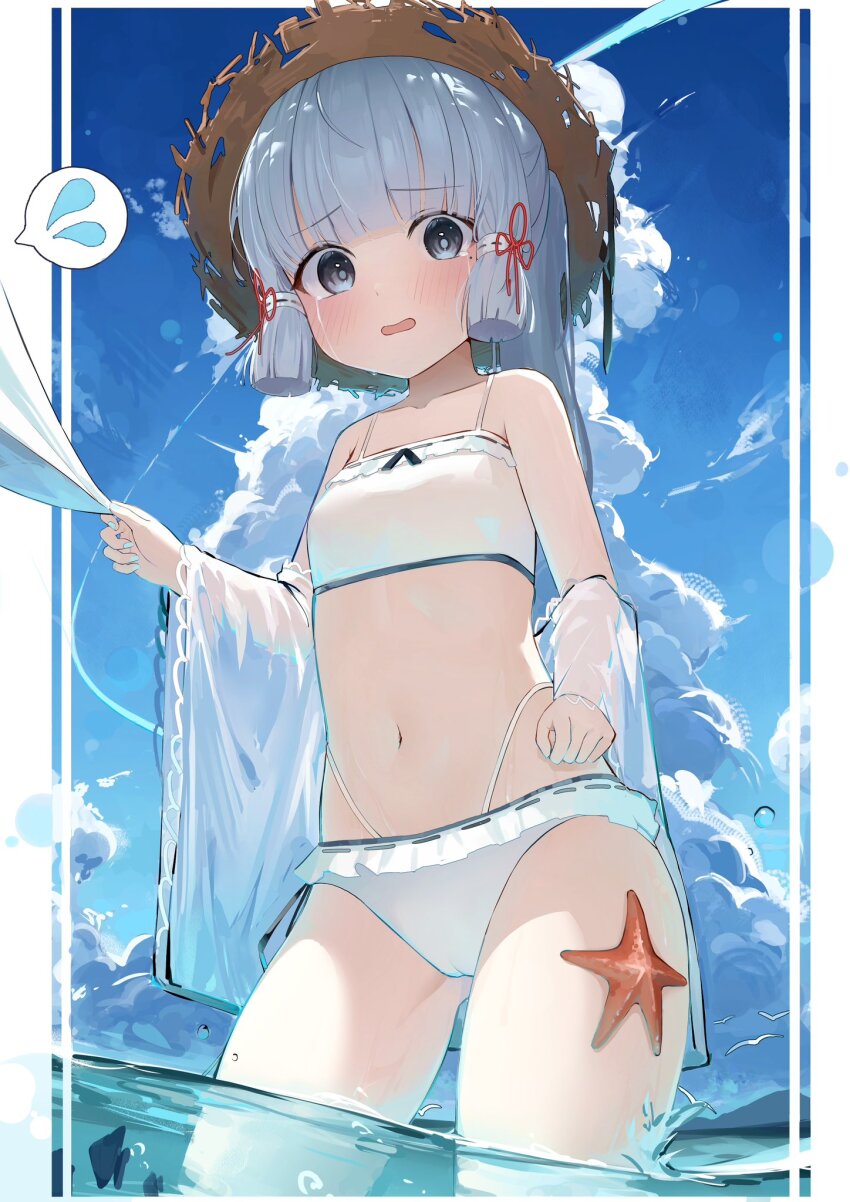 1girl, aged_down, amiamie, ayaka_(genshin_impact), bikini, blue_eyes, blue_hair, blue_sky