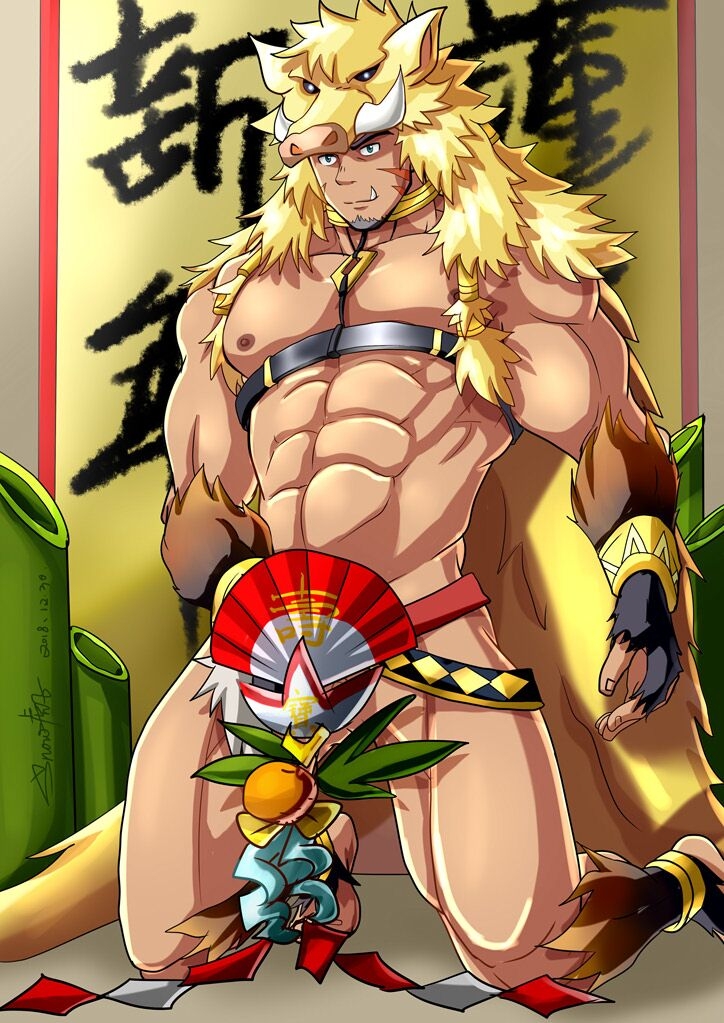1boy, abs, animal_hood, bara, bare_pectorals, boar_boy, boar_hood, body_fur