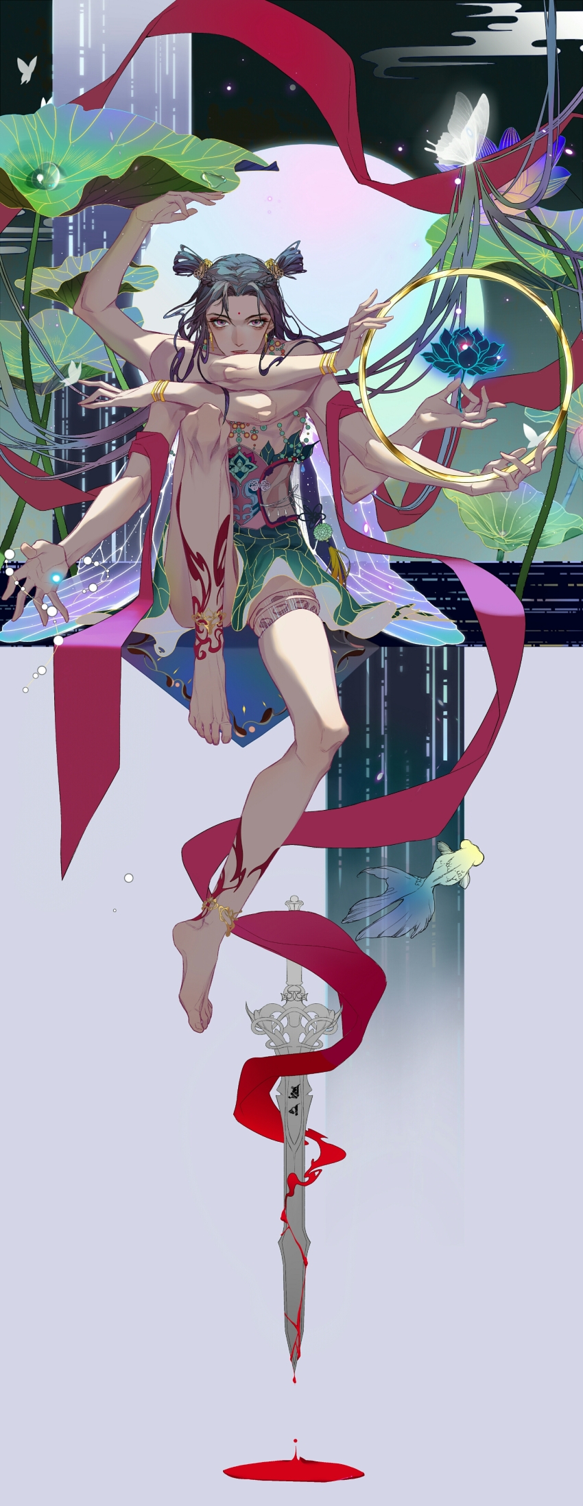 1014134697vei, 1boy, absurdres, androgynous, anklet, arm_up, barefoot, bead_necklace, beads, blood, blood_drip, blood_on_ground, bracelet, braid, bug, butterfly, butterfly_wings, chakram, chinese_mythology, crossed_arms, detached_legs, dew_drop, double_bun, dripping, earrings, egasumi, extra_arms, facial_mark, fish, floating, floating_object, floating_weapon, flower, forehead_mark, french_braid, full_body, full_moon, glowing_butterfly, goldfish, grey_hair, hagoromo, hair_bun, hands_up, highres, holding, holding_flower, holding_weapon, hoop, insect, insect_wings, jewelry, knee_up, leaf_clothing, leg_tattoo, light_particles, long_hair, looking_at_viewer, lotus, lotus_leaf, lotus_root, male_focus, moon, necklace, nezha_(mythology), outstretched_arms, parted_bangs, parted_lips, pink_eyes, purple_flower, purple_wings, sash, shawl, sitting, solo, sword, sword_writing, tattoo, transparent_wings, very_long_hair, water_drop, weapon, white_butterfly, wings
