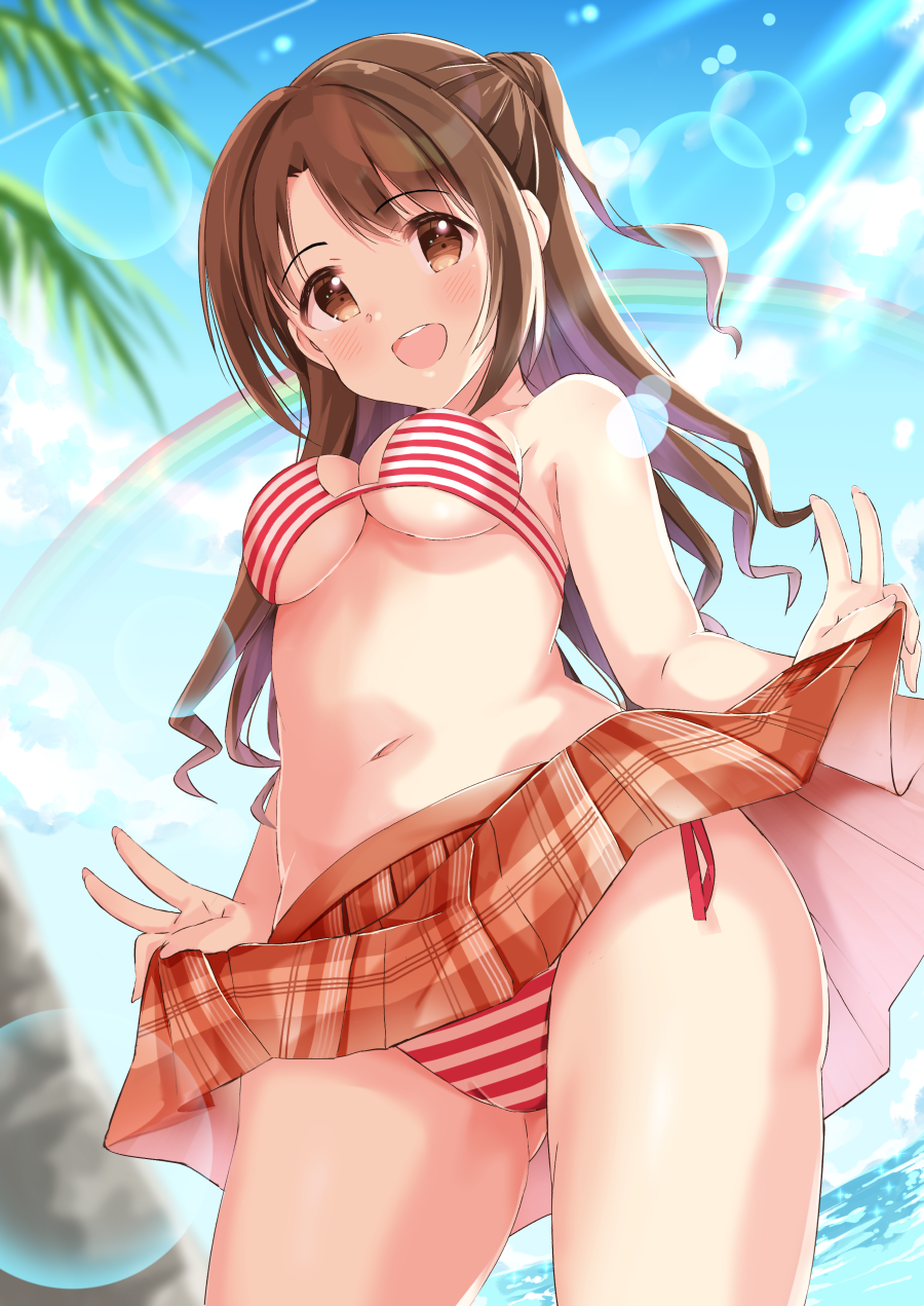 1girl, :d, bare_shoulders, bikini, bikini_under_clothes, blue_sky, blurry, blurry_background