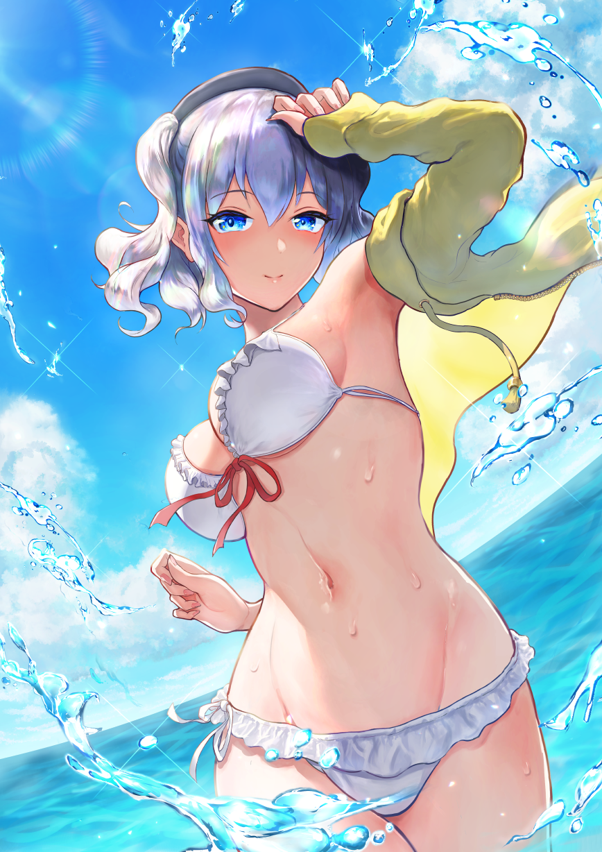 1girl, alternate_costume, arm_up, beret, bikini, black_hat, blue_eyes, breasts