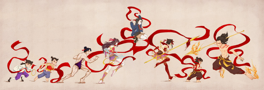 6+boys, ^_^, abs, annotation_request, armor, arms_up, backless_outfit, black_footwear, black_hair, black_nails, blue_jacket, blue_pants, blunt_bangs, brown_background, brown_hair, brown_pants, brown_shorts, chakram, charging_forward, chinese_clothes, closed_eyes, copyright_request, crossover, detached_collar, double_bun, dudou, earrings, faceoff, facial_mark, feiren_zai, fighting_stance, fingernails, fire, floating, flower, forehead_mark, from_side, hagoromo, hair_bun, hair_ribbon, half_updo, highres, historical_name_connection, holding, holding_polearm, holding_weapon, hoop, jacket, jewelry, jumping, long_hair, long_sleeves, looking_ahead, looking_at_another, lotus, male_focus, monkey_king:_hero_is_back, multiple_boys, multiple_crossover, name_connection, neckerchief, nezha_(fei_ren_zai), nezha_(mythology), nezha_(nezha_zhi_motong_jiangshi), nezha_chuan_qi, nezha_nao_hai, nezha_zhi_motong_jiangshi, nipples, no_shoes, pants, petals, polearm, profile, purple_pants, purple_shorts, purple_thighhighs, red_neckerchief, red_ribbon, red_shawl, ribbon, sash, sharp_fingernails, shawl, shi_wan_ge_leng_xiaohua, shin_guards, shorts, simple_background, single_hair_bun, sleeveless, soles, spear, squatting, standing, standing_on_one_leg, stirrup_legwear, tattoo, thighhighs, toeless_legwear, topless_male, track_jacket, weapon, xunliuyaochirou