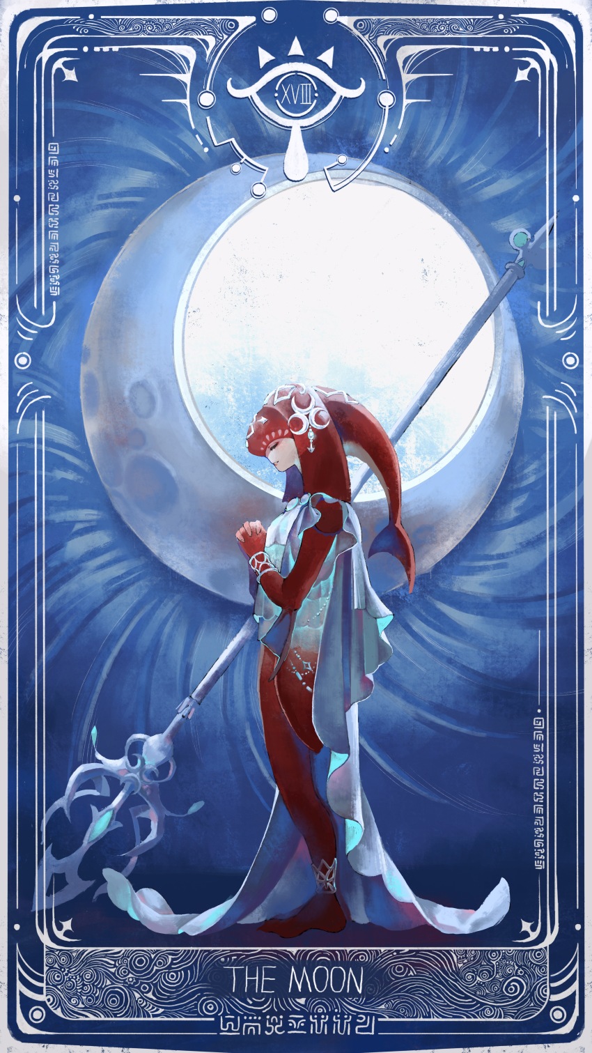 1girl, absurdres, anklet, barefoot, blue_background, blue_theme, border, bracelet, card_(medium), closed_eyes, colored_skin, cosplay, crescent, crescent_moon, english_text, eye_symbol, felixnosal, fish_girl, from_side, full_body, hands_up, headgear, highres, jewelry, mipha, mipha_(cosplay), monster_girl, moon, nintendo, polearm, praying, profile, red_skin, roman_numeral, solo, standing, tarot, tarot_(medium), the_legend_of_zelda, the_legend_of_zelda:_breath_of_the_wild, the_moon_(tarot), trident, weapon, zora