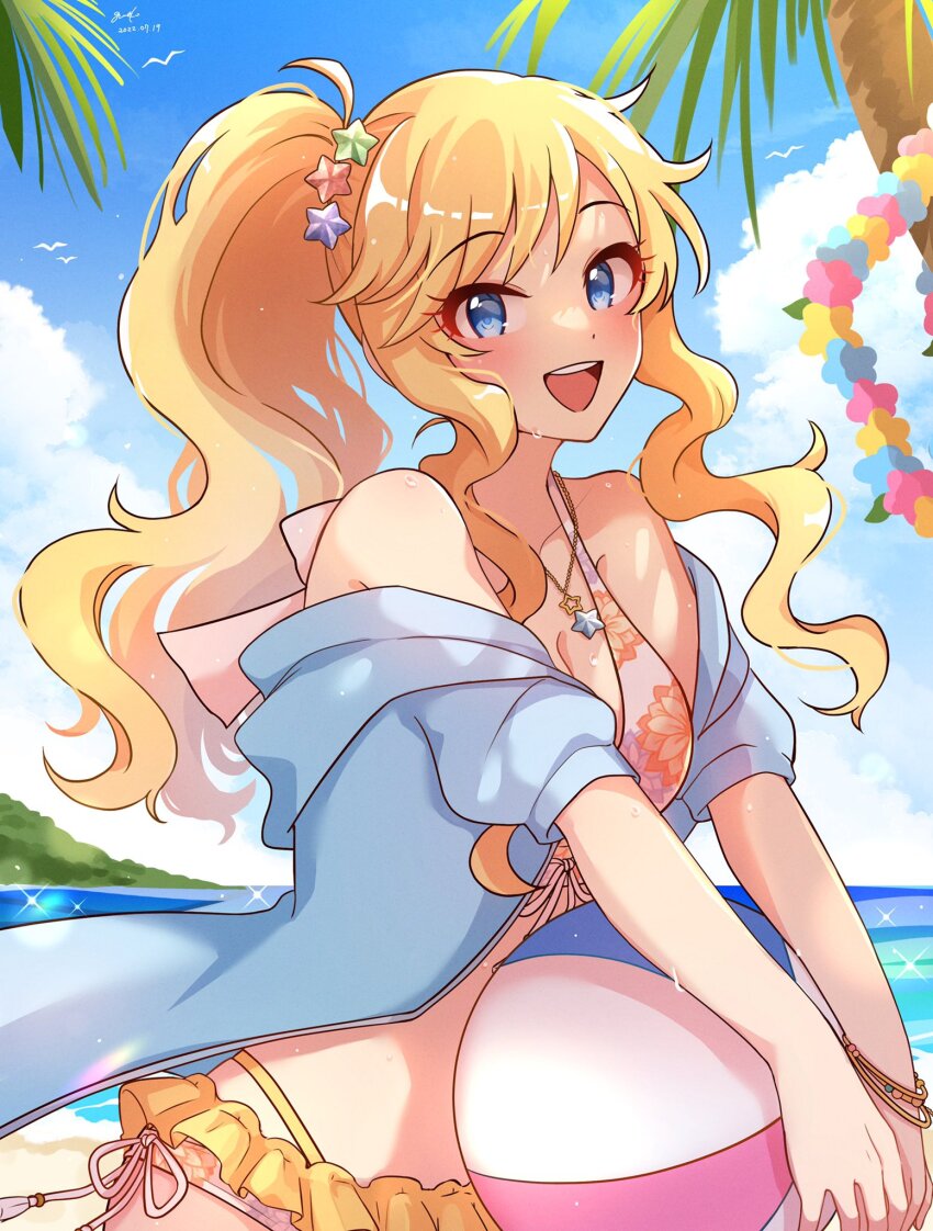 1girl, :d, ball, bare_shoulders, beach, beachball, bikini, bird, blonde_hair, blue_eyes, blue_jacket, blue_sky, blush, bow, bracelet, breasts, cleavage, cloud, collarbone, dated, day, dot_nose, floral_print, flower_wreath, front-tie_bikini_top, front-tie_top, grk_11601, hair_bow, hair_ornament, highres, holding, holding_ball, holding_beachball, horizon, idolmaster, idolmaster_cinderella_girls, idolmaster_cinderella_girls_starlight_stage, jacket, jewelry, long_hair, looking_at_viewer, medium_breasts, mountain, multiple_bracelets, necklace, ocean, off_shoulder, ohtsuki_yui, open_clothes, open_jacket, open_mouth, outdoors, palm_tree, pink_bikini, ponytail, print_bikini, sarong, seagull, side-tie_bikini_bottom, signature, sky, smile, solo, sparkle, star_(symbol), star_hair_ornament, star_necklace, swimsuit, teeth, tree, upper_body, upper_teeth_only, wavy_hair, wet, yellow_sarong