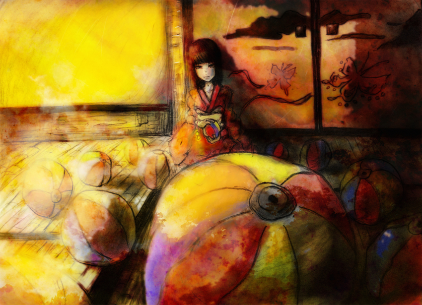 1girl, bad_id, bad_pixiv_id, ball, black_hair, fatal_frame, fatal_frame_ii:_crimson_butterfly, female_focus