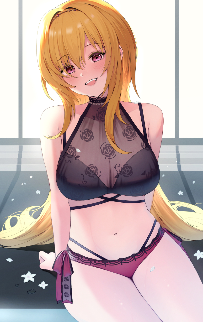 10_(user_cwuu4848), 1girl, absurdres, bikini, blonde_hair, breasts, fang, fangs, gem, highres, idolmaster, idolmaster_cinderella_girls, jewelry, kurosaki_chitose, large_breasts, long_hair, navel, necklace, pearl_(gemstone), pool, poolside, red_eyes, smile, swimsuit, vampire