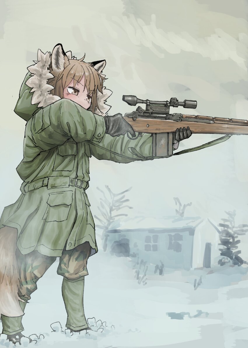 1girl, absurdres, aiming, animal_ears, battle_rifle, black_gloves, brown_eyes, brown_hair
