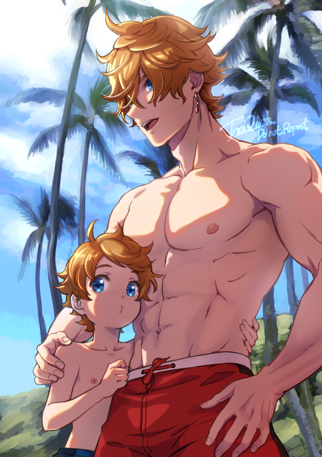 2boys, abs, age_difference, blue_hair, blue_sky, brothers, cloud, freckles, genshin_impact, hand_on_another's_shoulder, hand_on_another's_waist, hand_on_own_hip, highres, hill, hugging_with_one_arm, looking_at_viewer, male_focus, male_swimwear, multiple_boys, muscular, muscular_male, navel, nipples, open_mouth, orange_hair, palm_tree, pectorals, pout, red_male_swimwear, siblings, signature, size_difference, sky, tartaglia_(genshin_impact), teeth, teucer_(genshin_impact), tree, tsunao, upper_teeth_only