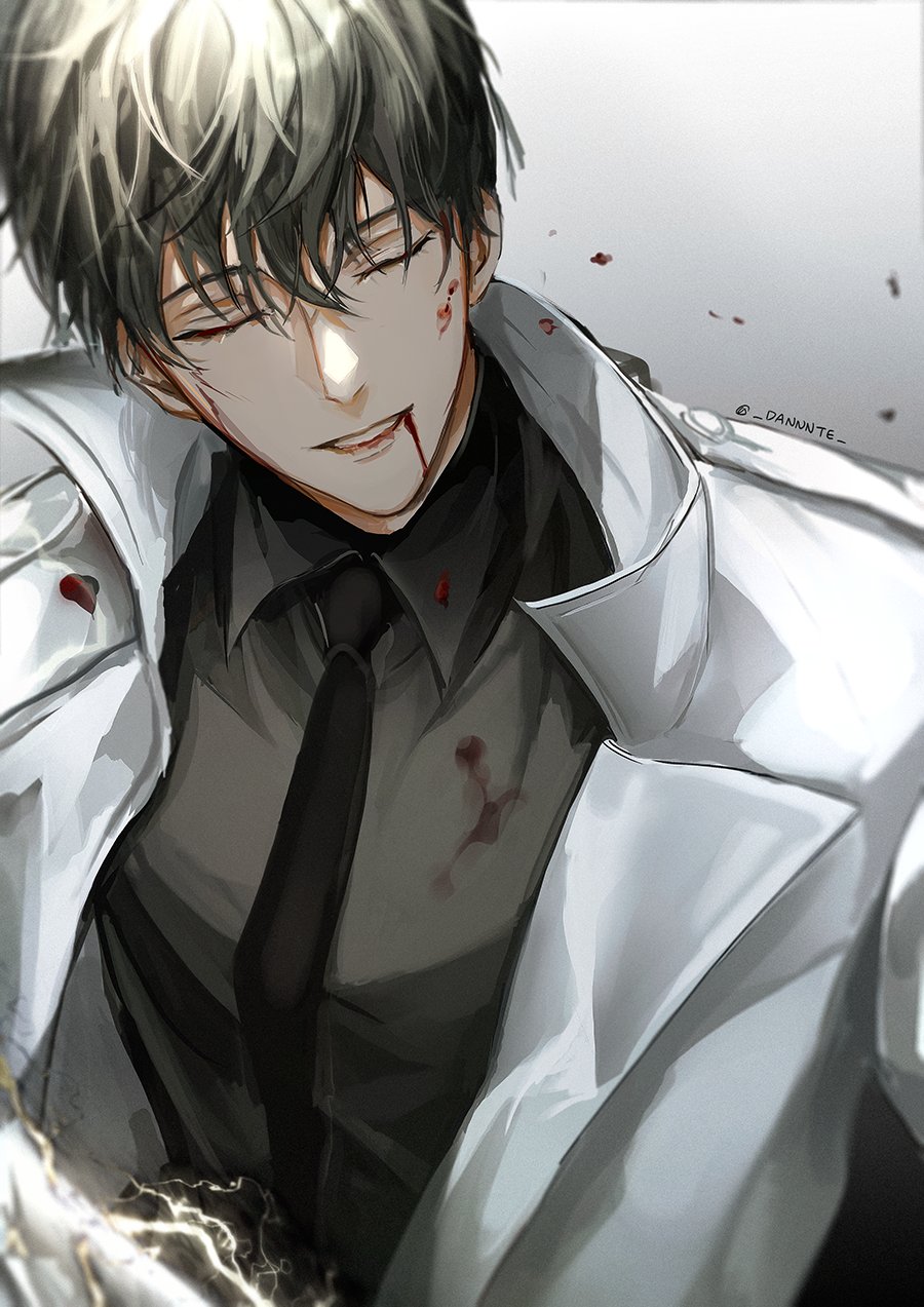 1boy, black_hair, black_shirt, blood, blood_from_mouth, closed_eyes, coat, collared_coat