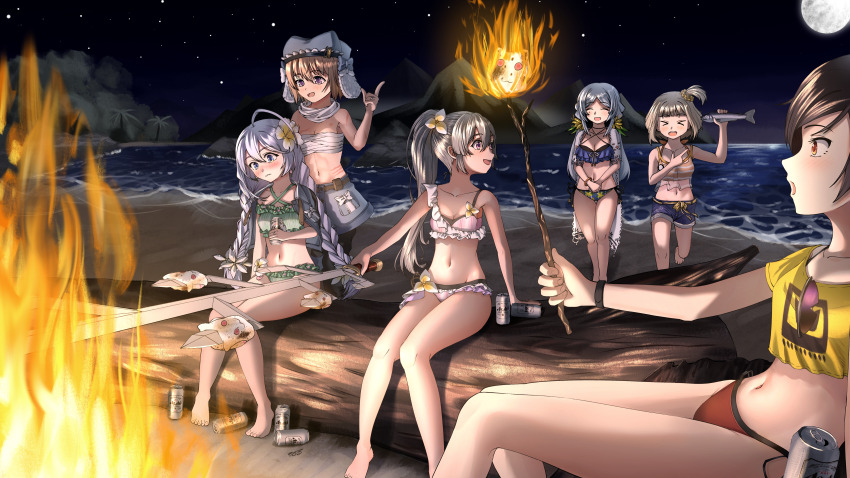 2_ru, 6+girls, abs, absurdres, alcohol, aoba_chika, aoba_chika_(swimsuit_costume), beach