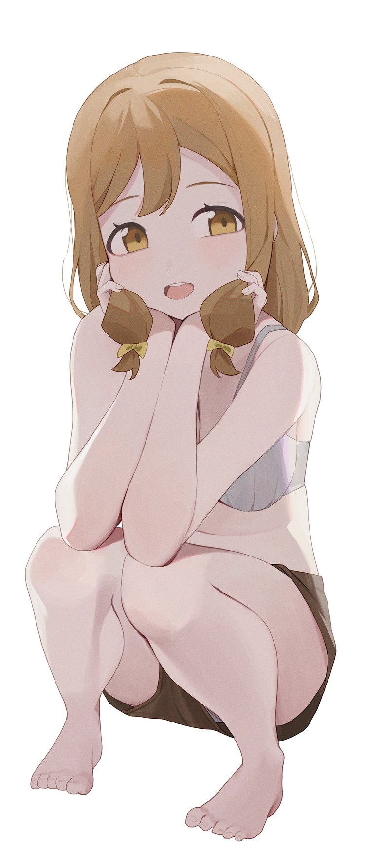 1girl, barefoot, black_shorts, bow, bra, breasts, brown_eyes, brown_hair