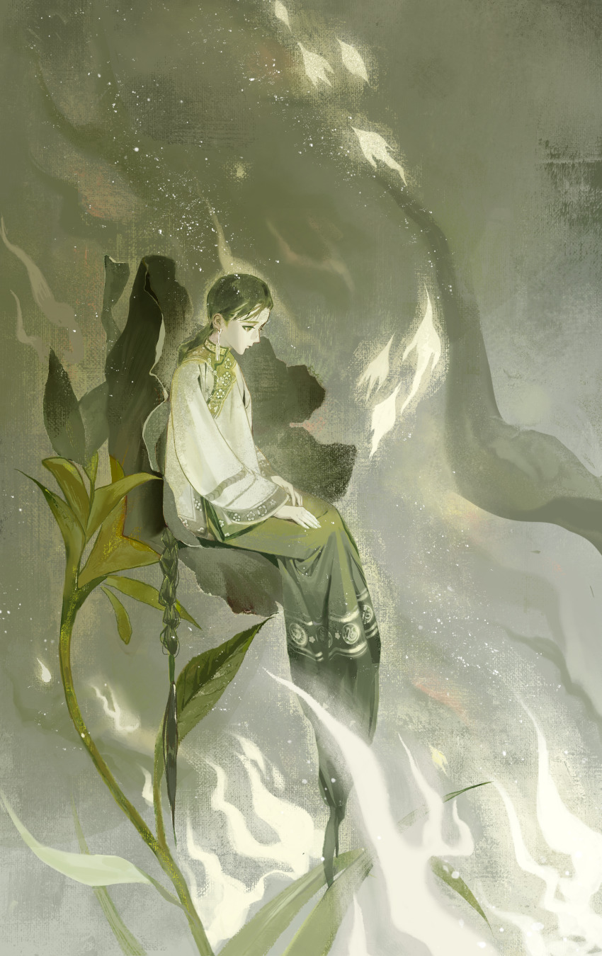 1girl, absurdly_long_hair, absurdres, bird, braid, braided_ponytail, chen_duo, chinese_clothes, earrings, floral_print, flower, from_side, green_theme, highres, jewelry, light_particles, long_hair, long_sleeves, looking_down, monochrome, on_flower, profile, single_braid, skirt, spirit, very_long_hair, wide_sleeves, yinghuomantian076, yiren_zhixia
