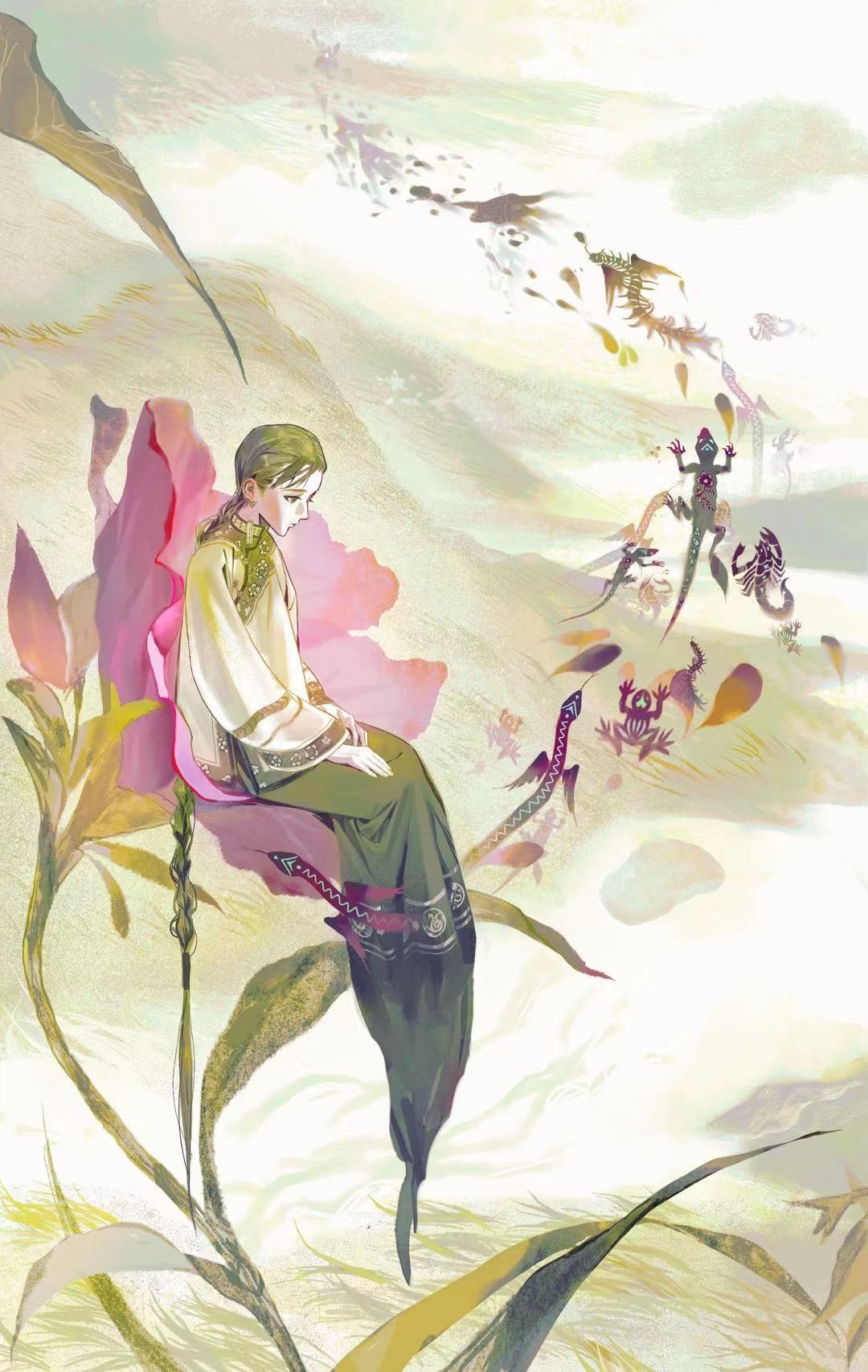 1girl, absurdly_long_hair, braid, braided_ponytail, bug, centipede, character_request, check_character