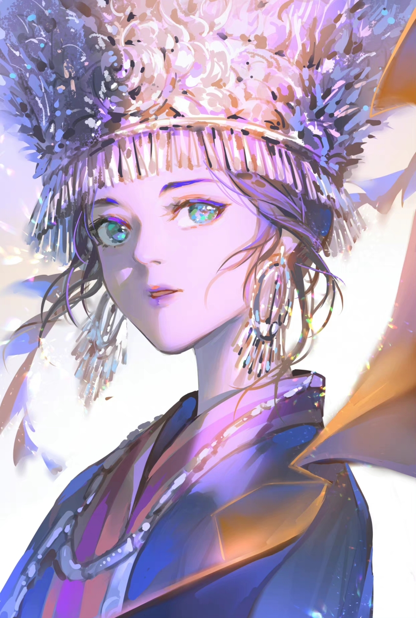1girl, aqua_eyes, chen_duo, earrings, eyelashes, eyeshadow, fringe_trim, from_side, fsgjnv, highres, hoop_earrings, jewelry, lipstick, looking_to_the_side, makeup, miao_clothes, miao_hat, necklace, parted_lips, purple_hair, purple_lips, ribbon, simple_background, solo, string_of_flags, updo, upper_body, white_background, wind, yiren_zhixia