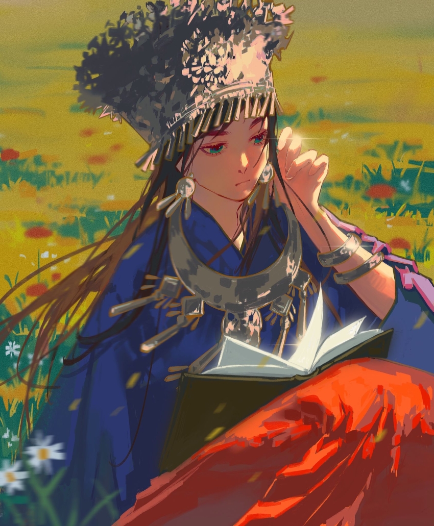 1girl, adjusting_hair, blue_eyes, blue_shirt, book, bracelet, brown_hair, chen_duo, day, earrings, field, floating_hair, flower, flower_field, fuyougantang, glint, hand_up, hat, highres, jewelry, long_hair, long_sleeves, looking_ahead, miao_clothes, miao_hat, motion_blur, nature, necklace, open_book, outdoors, procreate_(medium), red_skirt, shirt, sitting, skirt, solo, white_flower, wind, yiren_zhixia
