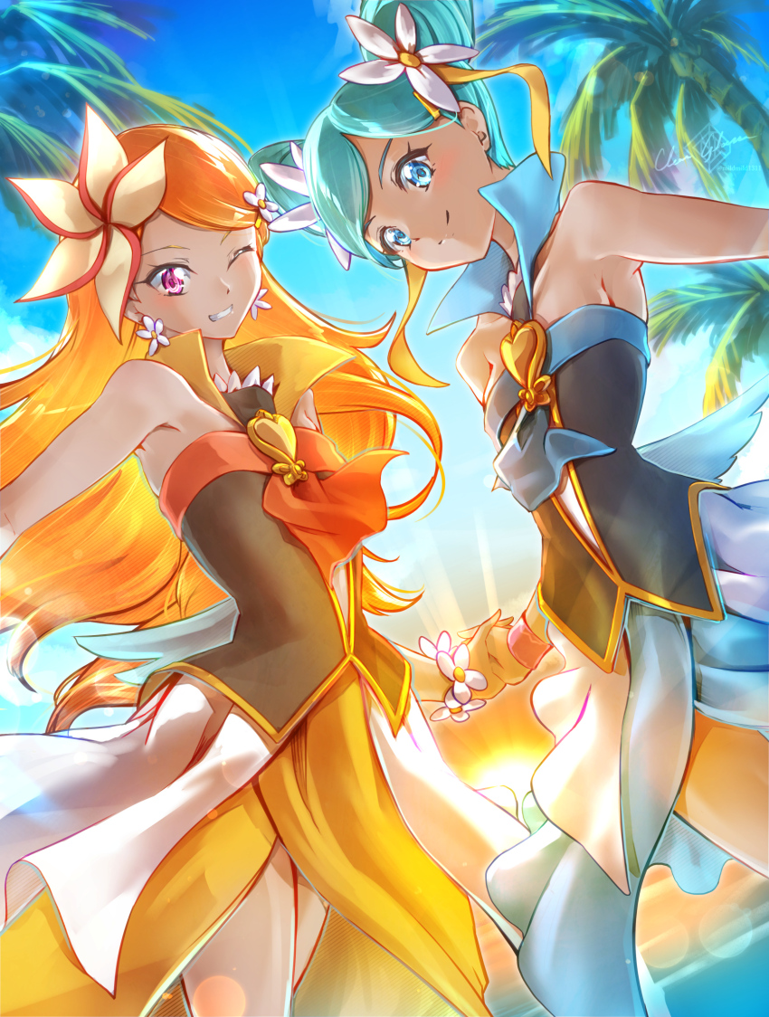 beach, blue_eyes, blue_hair, blue_skirt, blue_sky, brooch, clear_glass_(mildmild1311), cone_hair_bun