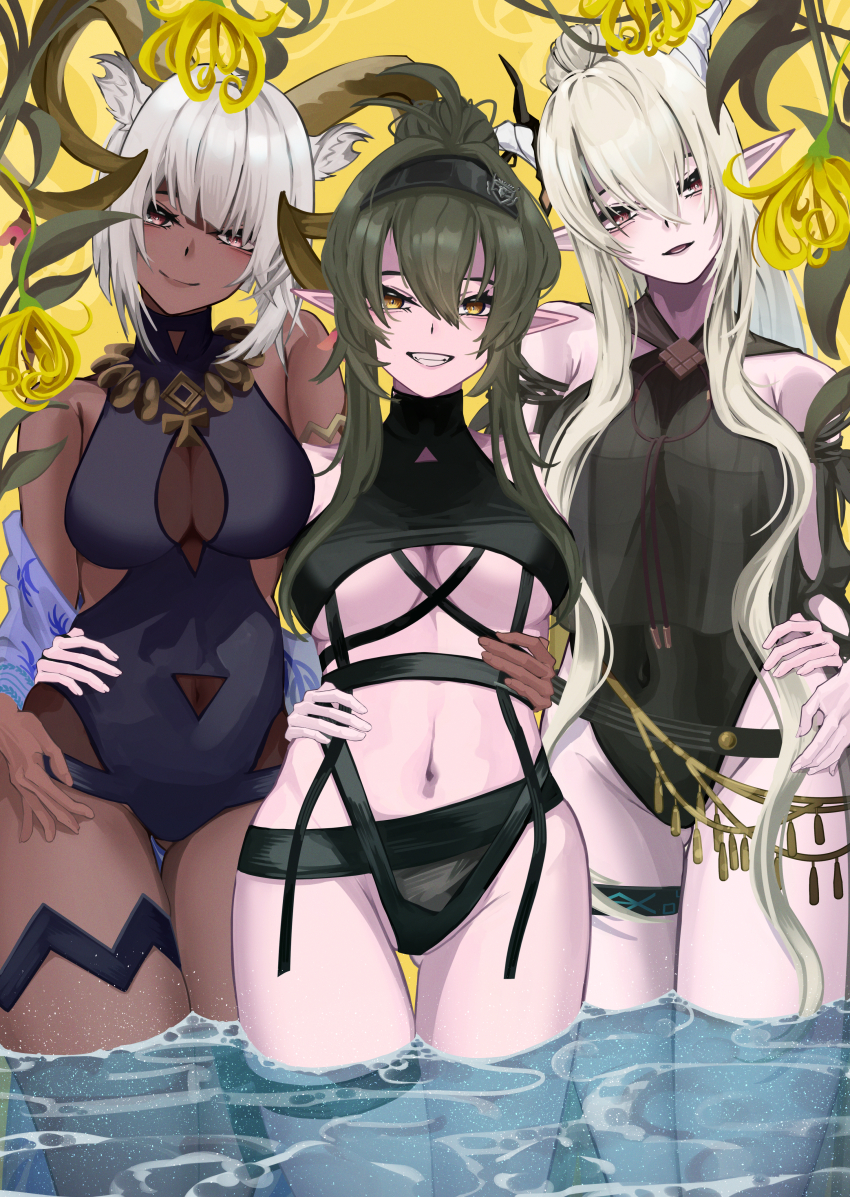 3girls, :d, absurdres, animal_ears, arknights, arm_around_another's_waist, bare_shoulders, black_hairband, black_one-piece_swimsuit, blonde_hair, blunt_bangs, breasts, brown_eyes, carnelian_(arknights), carnelian_(shimmering_dew)_(arknights), casual_one-piece_swimsuit, cleavage, closed_mouth, covered_navel, dark-skinned_female, dark_skin, gavial_(arknights), gavial_(summer)_(arknights), gluteal_fold, goat_ears, goat_girl, goat_horns, green_hair, grey_hair, grin, hair_between_eyes, hairband, head_tilt, highres, horns, jewelry, kokawaaokawa, large_breasts, long_hair, looking_at_viewer, multiple_girls, navel, necklace, official_alternate_costume, one-piece_swimsuit, open_mouth, parted_lips, pointy_ears, ponytail, red_eyes, shining_(arknights), shining_(silent_night)_(arknights), short_hair, sidelocks, simple_background, smile, swimsuit, thigh_gap, thigh_strap, underboob, very_long_hair, wading, water, yellow_background, yellow_eyes
