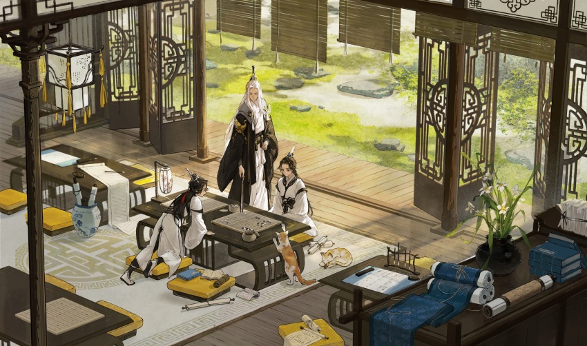 3boys, absurdres, animal, bamboo_screen, black_hair, black_jacket, board_game, book