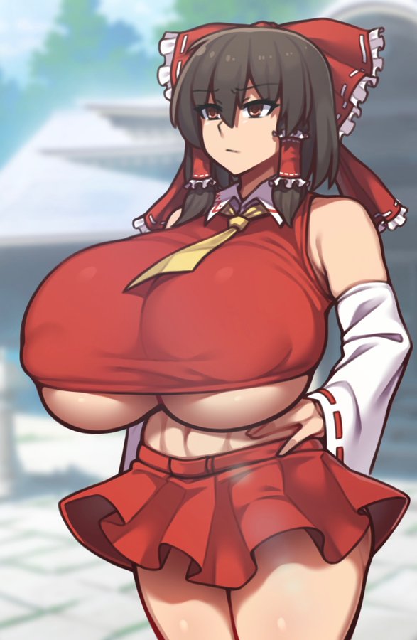 1girl, alternate_breast_size, breasts, dekapaiyukari, hakurei_reimu, huge_breasts, japanese_clothes, miko