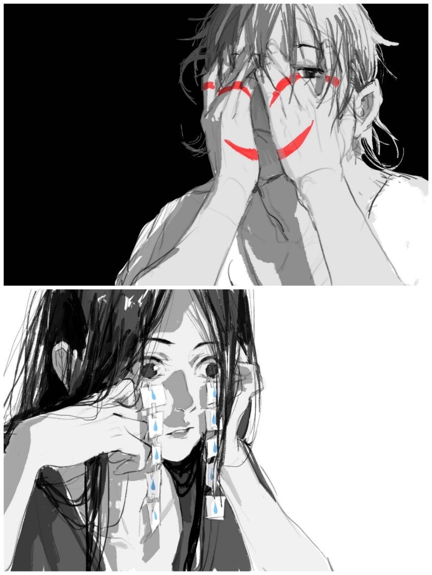 1boy, 1girl, absurdres, fake_tears, false_smile, feng_baobao, hand_tattoo, hands_up