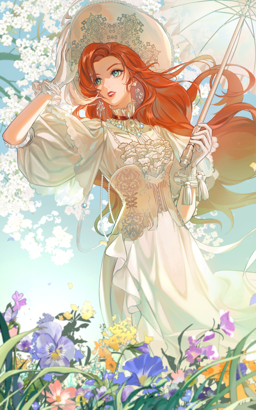 1girl, absurdres, adjusting_clothes, adjusting_headwear, aqua_eyes, arm_up, bead_necklace, beads