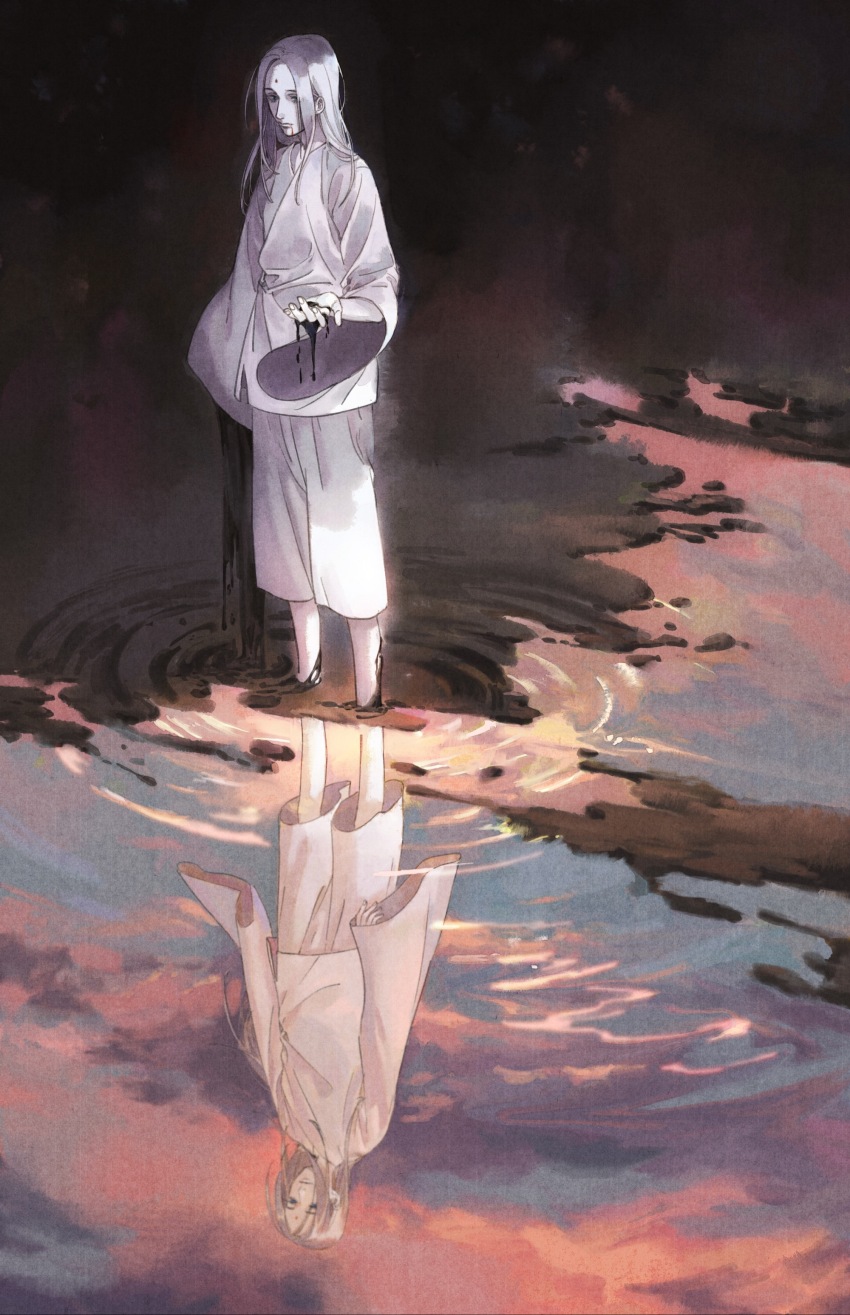 1boy, absurdres, arm_at_side, arms_at_sides, black_liquid, bleeding, blood, blood_from_mouth, contrast, different_reflection, dripping, empty_eyes, facial_mark, forehead_mark, grey_hair, hand_up, highres, lingyu_zhang, liquid, long_hair, long_sleeves, looking_ahead, looking_at_another, looking_down, male_focus, pale_skin, pants, parted_hair, reflection, ripples, robe, songshu_work, standing, twilight, wading, water, white_hair, white_pants, white_robe, wide_sleeves, yiren_zhixia