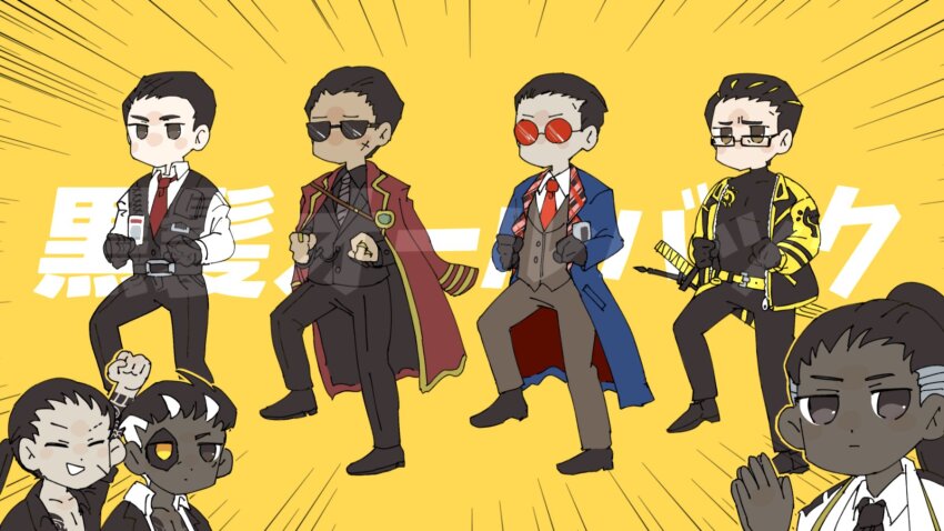 6+boys, black_gloves, black_hair, black_pants, black_shirt, boris_(project_moon), coat, coat_on_shoulders