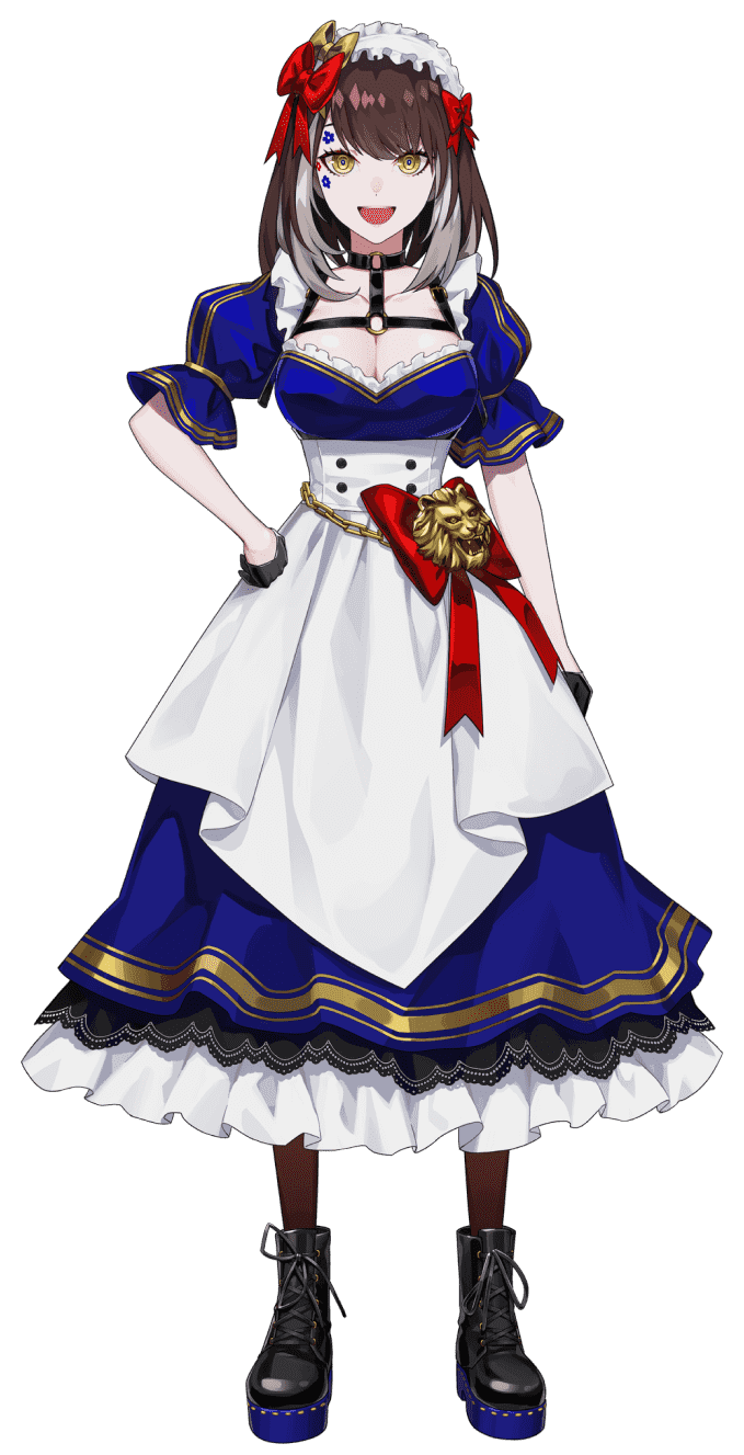 black_gloves, black_socks, blue_dress, brown_hair, dress, gloves, highres, l'arlesienne_(takt_op.), long_sleeves, looking_at_viewer, maid_headdress, multicolored_hair, red_ribbon, ribbon, simple_background, smile, socks, takt_op., takt_op._symphony, transparent_background, two-tone_hair, white_dress, white_hair, yellow_eyes