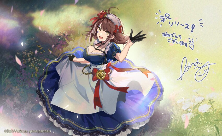 black_gloves, black_socks, blue_dress, brown_hair, dancing, dress, flower, garden