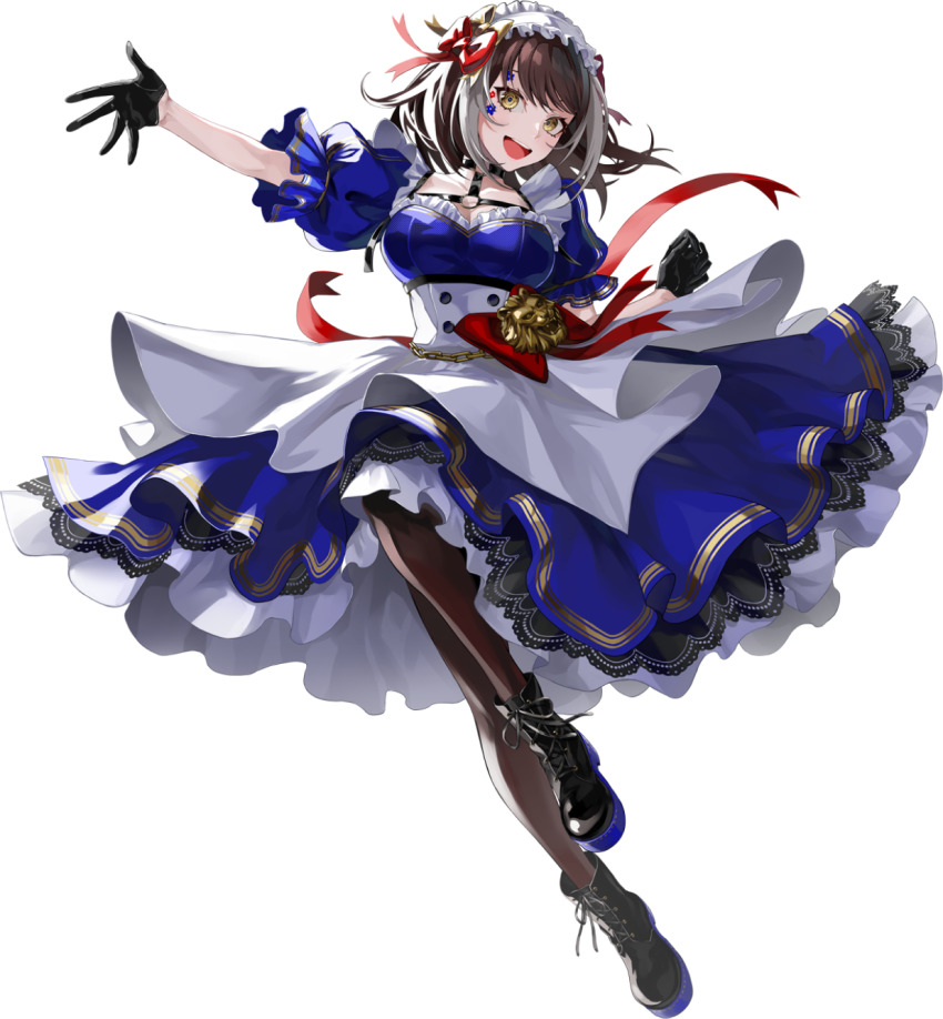 black_gloves, black_socks, blue_dress, brown_hair, dress, gloves, highres, jumping