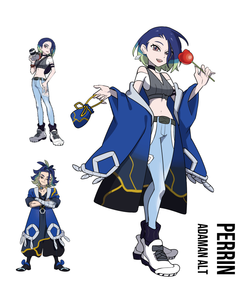 1boy, 1girl, absurdres, adaman_(pokemon), adapted_costume, alternate_costume, bare_shoulders, black_choker, blue_coat, blue_hair, bob_cut, breasts, brown_eyes, camera, choker, coat, collar, collarbone, crop_top, earrings, eyebrow_cut, green_hair, highres, jewelry, loose_hair_strand, medium_breasts, midriff, multicolored_hair, nintendo, off-shoulder_shirt, off_shoulder, official_art_inset, official_style, perrin_(pokemon), pokemon, pokemon_legends:_arceus, pokemon_scarlet_and_violet, related, rhymewithray, shirt, short_hair, smile