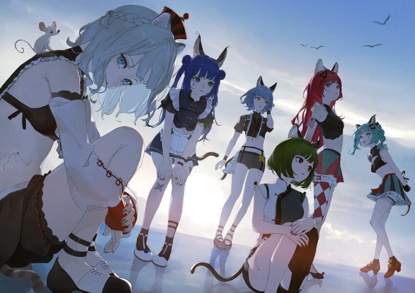 6+girls, absurdres, animal_ear_fluff, animal_ears, arm_behind_back, bandaid, bandaid_on_leg, bent_over, bird, black_gloves, black_shorts, blue_eyes, blue_hair, blunt_bangs, braid, breasts, cat_ears, cat_tail, checkered_clothes, checkered_pantyhose, checkered_skirt, chino_(valis), cloud, cloudy_sky, constellation_tattoo, crop_top, detached_sleeves, double_bun, everyone, facial_mark, fingerless_gloves, fingernails, gloves, green_eyes, green_hair, green_nails, grey_hair, grey_nails, hair_between_eyes, hair_bun, hair_ornament, hand_on_own_knee, hat, high_heels, highres, kamitsubaki_studio, light_blue_hair, long_hair, looking_ahead, looking_at_viewer, looking_to_the_side, medium_breasts, mouse_(animal), multiple_girls, myu_(valis), nail_polish, navel, neffy_(valis), nina_(valis), oekaki_taro, open_mouth, outdoors, pantyhose, parted_lips, rara_(valis), red_eyes, red_hair, red_nails, reflection, shadow, short_hair, short_sleeves, shorts, side_braid, sidelocks, single_leg_pantyhose, sinsekai_record, sitting, skirt, sky, sleeveless, small_breasts, standing, stomach, stomach_tattoo, striped_clothes, striped_pantyhose, striped_skirt, sunlight, tail, tattoo, teeth, twintails, upper_teeth_only, valis_(sinsekai), vitte_(valis), yellow_eyes, yellow_nails