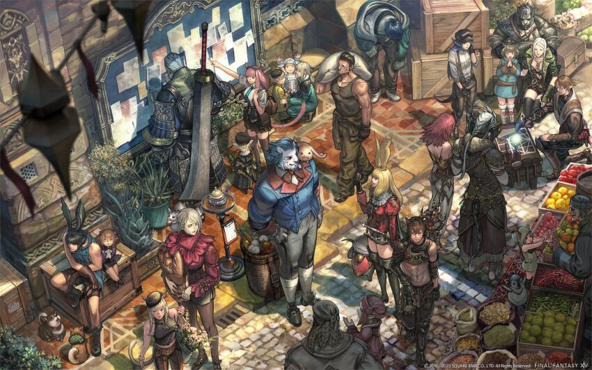6+boys, 6+girls, animal_ears, artist_name, artist_request, au_ra, bag, basket